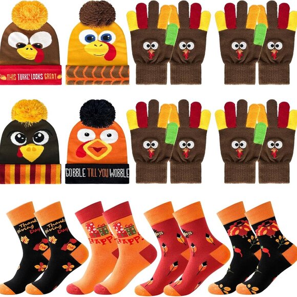 Funny 12 Pcs Thanksgiving Costume Set: Cozy Beanie, Socks, & Gloves for All Ages - Picture 1 of 7